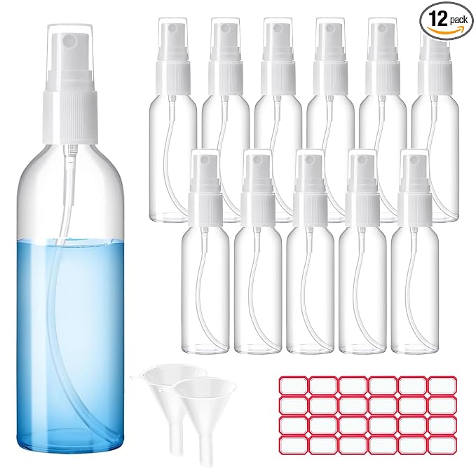 Zoizocp Spray Bottles, 2oz/50ml Clear Empty Fine Mist Plastic Mini Travel Bottle Set, Small Refillable Liquid Containers with 2pcs Funnels and 24pcs Labels (12 Pack)