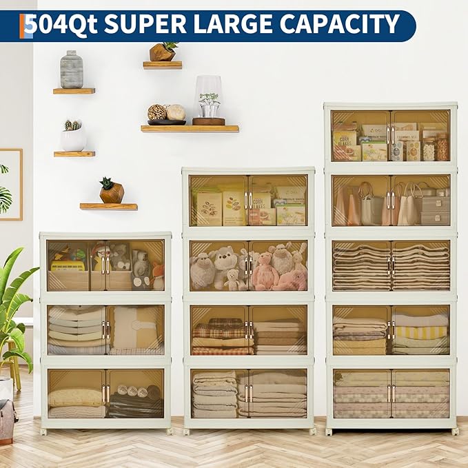 Garvee 504QT Stackable Storage Bins, Plastic Bins for Storage with Lids, Plastic Storages Drawers with Magnetic Doors & Wheels, Foldable Collapsible Closet Organizers for Home, Dorm, Office, White