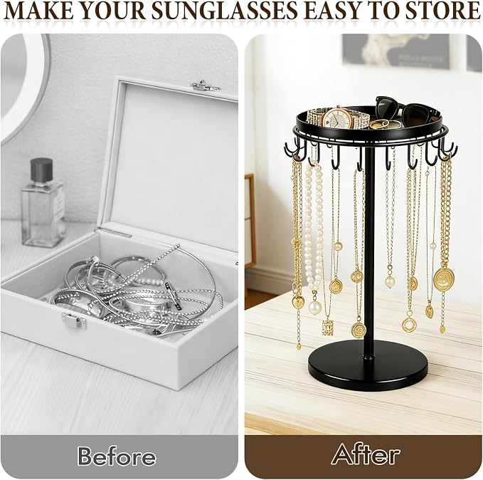 Necklace Holder Metal Jewelry Organizer Stand, Necklace Organizer Hanger with Tray & Hooks for Desk, Jewelry Holder for Necklaces Bracelets and Keychains, Elegant Home Hanging Decor - Black