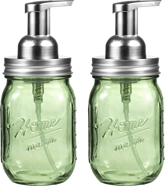 Amolliar Green Glass Mason Jar Foaming Soap Dispenser, 16OZ Hand Soap Dispenser, Plastic Pump & Stainless Steel Lid & Lable, Kitchen Dish Soap Bathroom Accessories Set, Soap Pump Bottle, Silver 2 Pack