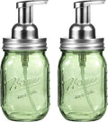 Amolliar Green Glass Mason Jar Foaming Soap Dispenser, 16OZ Hand Soap Dispenser, Plastic Pump & Stainless Steel Lid & Lable, Kitchen Dish Soap Bathroom Accessories Set, Soap Pump Bottle, Silver 2 Pack