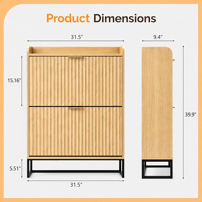 VINGLI Fluted Shoe Cabinet Storage for Entryway,Hidden Shoes Storage Cabinet with 2 Flip Drawers, Mid Century Modern Shoe Rack Organizer,Free Standing Shoes Organizer for Hallway(Natural Oak)