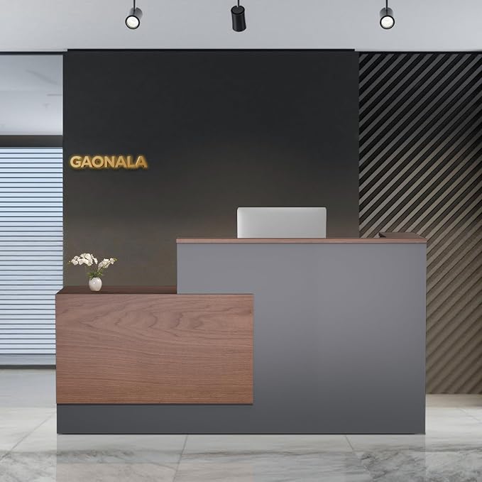 Ceridwen L-Shaped Large Wooden Reception Desk, Modern Front Desk Reception Counter with Lockable Drawers, Storage & Keyboard Tray for Office Lobby Checkout (Left-Brown + Black, 71''L x 34''W x 41''H)