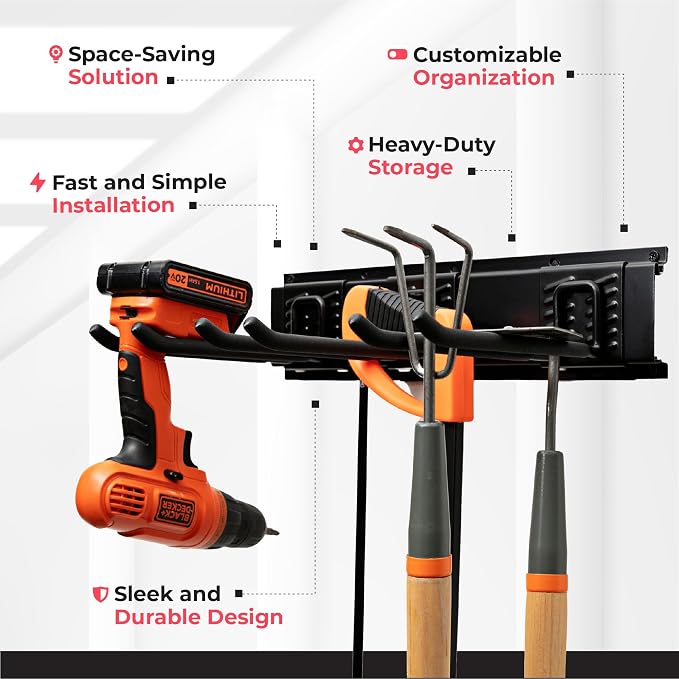Heavy-Duty Garage Wall Storage System | Wall Mounted Tool Organizer Rack with Shelving | 10-Piece Mounting Kit | Includes 4x8.5” Adjustable Hooks & 2x16.5” Floating Utility Shelves