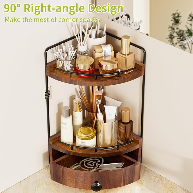 2-Tier Corner Bathroom Counter Organizer with Drawer, Acacia Wood-Brown | Embedded Screw Holes, Wooden Countertop Organizers, Space-Saving, Bottom Ventilation Design, Counter Shelf for Vanity