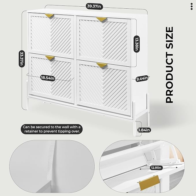 Shoe Cabinet with 4 Flip Drawers, Narrow Entryway Rack, White | Slanted Wood Grain, Freestanding, Adjustable Compartments, Removable Middle Shelf, Metal Handles, for Hallway Foyer Entrance