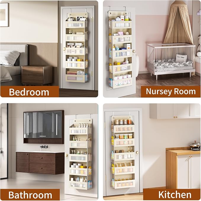 Over The Door Organizer with 5 Large Pockets, Over the Door Storage 10 Side Pocket 44 lb Load Behind Door Storage, Closet Door Organizer Hanging Shelf for Wall Bathroom Bedroom Nursery, 5-Tier Beige