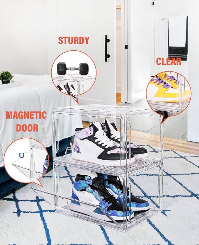KDOR Clear Plastic Shoe box Organizer, 3 Pack Stackable Sneaker Boxes, Transparent Display Case with Magnetic lid, Tidy Home & Office Closet Storage