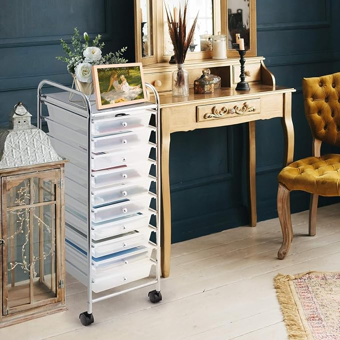 LDAILY 10-Drawer Rolling Storage Cart, Rolling Storage Cart, Storage Organizer on Wheels, Metal Frame, Scrapbook Paper Tools, Suitable for Office School, Classroom (Clear, 10 Drawer)