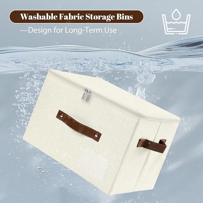 ANMINY Fabric Storage Box Bins with Zipper Lid, Washable Beige | Cotton Linen Fabric, PP Board Frame, Label Holder, Stackable & Foldable, PU Handles, Dual-Zipper 3-Side Open Lid, Large