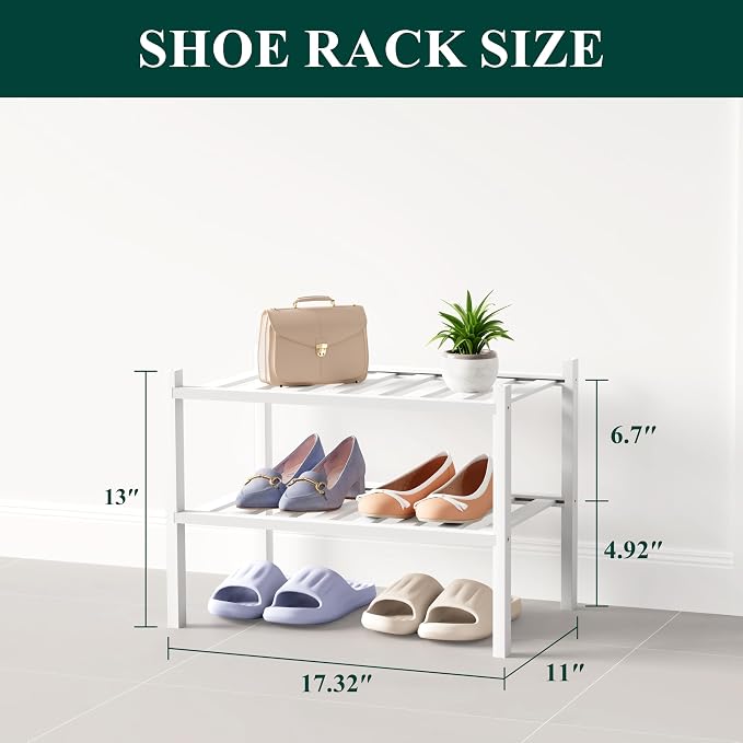 Smiry Bamboo Shoe Rack for Closet, 2 Tier Small Wooden Shoe Organizer, Stackable Wood Shoe Storage Shelf for Entryway, 14 Vertical Slats, One-piece Heavy-Duty Legs, 17.32"x11.02"x12.99", White