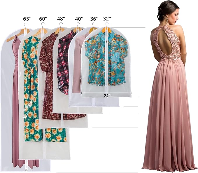 Dress Bags for Gowns Long - Foldable, 65" Clear Garment Bags for Closet Storage and Travel 24"x65"/ 4 Pack
