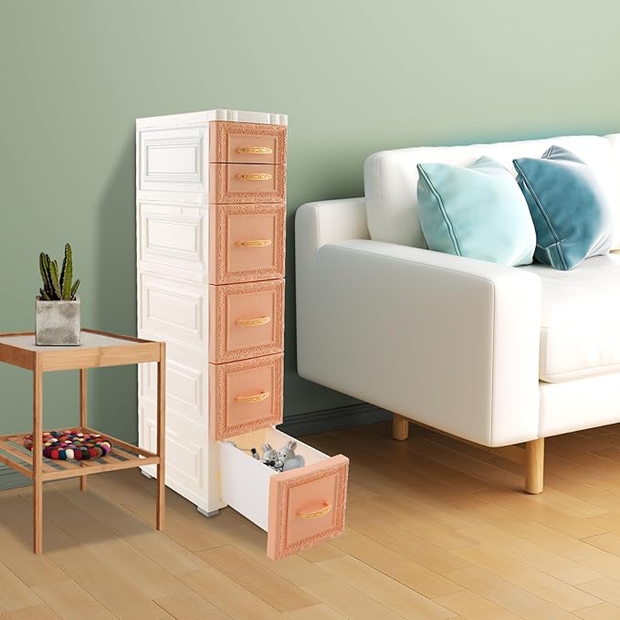 5-Tier Plastic Drawers Storage Dresser, 33"H Narrow Slim Storage Organizer Vertical Drawer Unit, Rolling Thin Storage Tower with Wheels for Small Spaces Gaps Home Furniture (Orange)