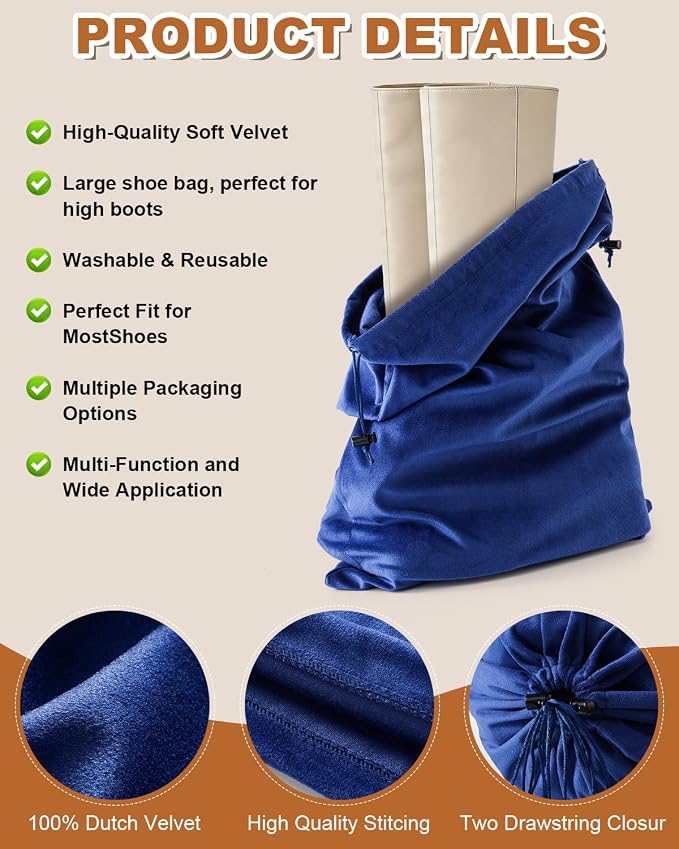 2 Pcs Shoe Bags for Travel, Large Boot Bag, Palace Blue, 21.2x13.3 Inch | Washable & Reusable Travel Shoe Bags, Dustproof Shoe Bags with Drawstring Closure, Suitable for Travel, Home Storage