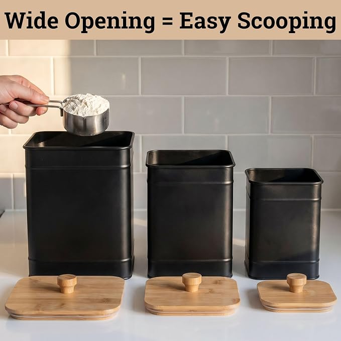 Kitchen Canisters for Countertop Set of 3 w/ Chalkboard Labels & Marker Pen | Airtight Easy Open Bamboo Lids, Dent-Resistant Thick Metal, Customizable Chalkboard Labels, Marker Pen Included, Set of 3
