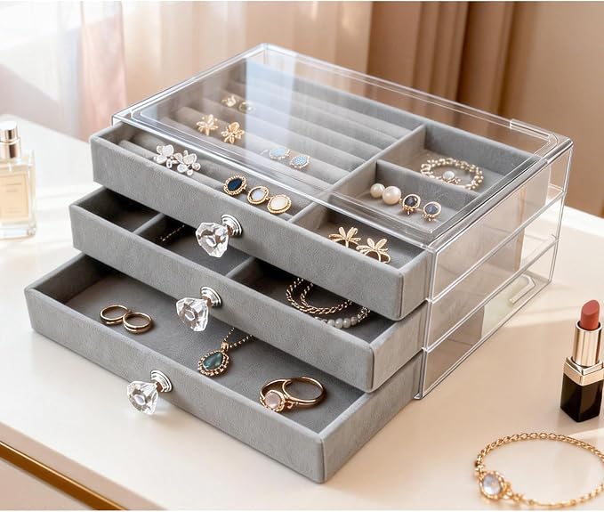Clear Acrylic Velvet Jewelry Organizer with 3 Drawers, Stackable Display Storage Earrings Necklace Rings Bracelets Box Holder Case for Women, Grey
