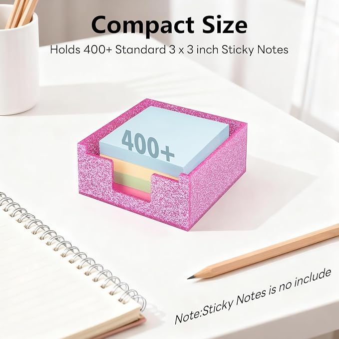 Acrylic Sticky Note Holder 4x4in Tray for Desk, Rose Pink Glitter | Sparkling glitter acrylic tray, fits 3x3 sticky notes, compact organizer for office school and home