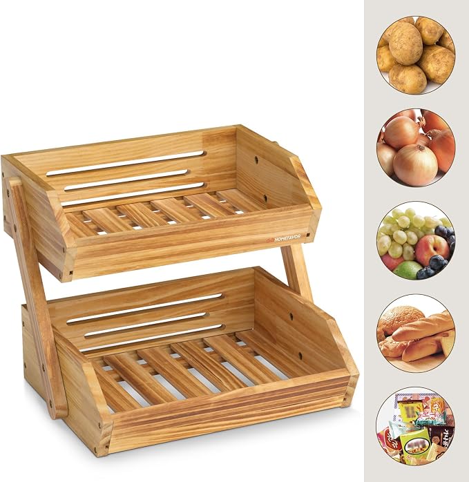 G.a HOMEFAVOR 2-Tier Pine Wood Fruit Basket, Self-assembly | Fruit Bowl for Kitchen Countertop, Vegetable Storage and Home Organizer