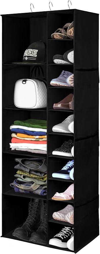 Libeder Shoe Organizer for Closet, 15 Shelf Hanging Closet Storage Shelves - 10 Shoe Rack Organizer and 5 Compartment for Clothes with 6 Side Mesh Pockets for Scarf, Socks,Gloves, Black