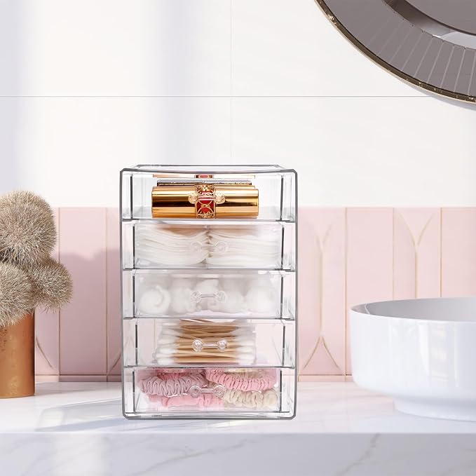 BTSKY Clear Acrylic Storage Organizer with Drawers, 5-Layer Desktop Organizer for Office Essentials, Multi-Purpose Stackable Container for Bathroom Vanity, Desk Makeup Jewelry Container Storage Box
