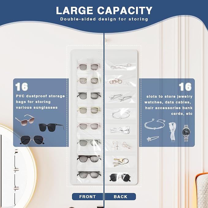 Hanging Sunglasses Organizer and Storage, 32 Slots Jewelry Holder, White | Protect eyewear from dust with double-sided clear compartments; roof design hangs on wall, door or closet for home/RV travel.