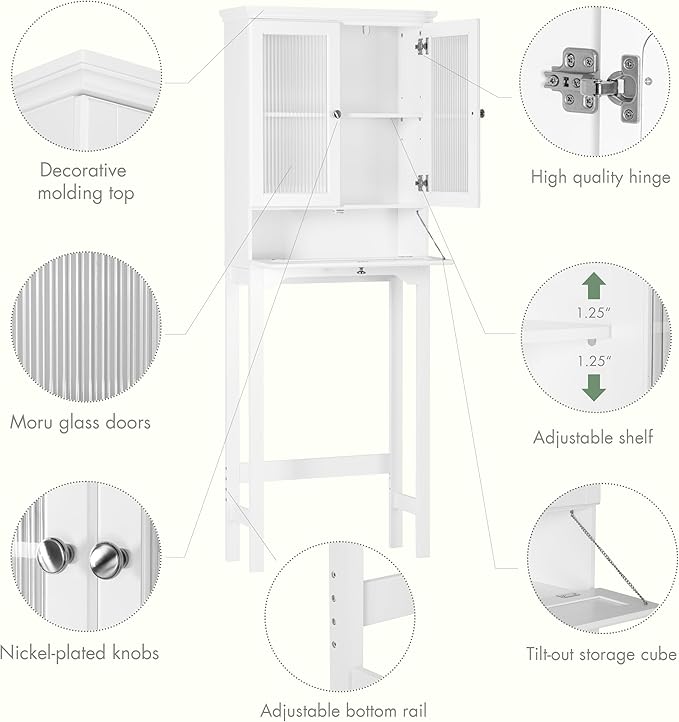 Spirich Over the Toilet Storage Cabinet with Moru Glass Doors, White | Tilt-Out Storage, Adjustable Shelf & Bottom Crossbar, Anti-Tip Bracket, 33-Inch Clearance, Space-Saving Bathroom Organizer