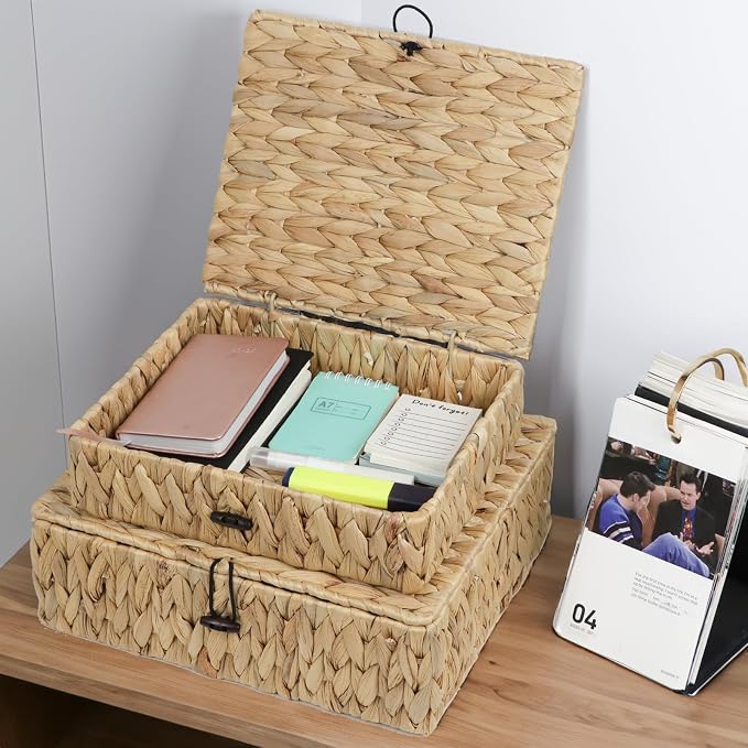 Wicker Basket with Lid, Set of 2 Decorative Storage Baskets Bins Boxes, Water Hyacinth Woven Basket for Storage, Flat Shelf Baskets for Organizing Home Decor