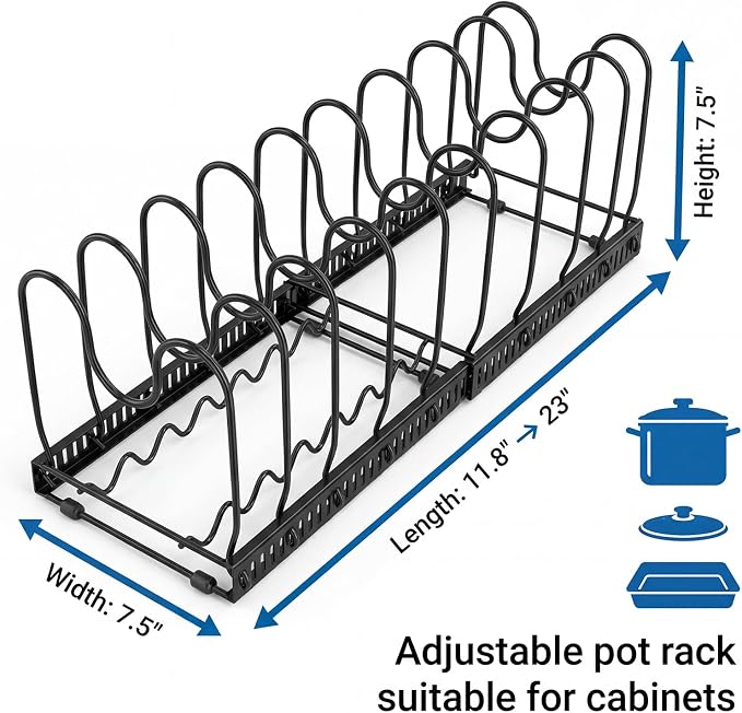 Expandable Pots and Pans Organizer for Cabinet – Heavy Duty Carbon Steel Pot & Pan Rack with 10 Adjustable Dividers, Wave Slot Cookware Holder for Pans, Lids, Bakeware, Countertop or Under Sink, Black