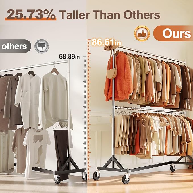 HOKEEPER Z Rack, Clothes Rack Hold 550LB 86" H Adjustable Height Double Rod | Heavy Duty Clothing Rack, Large Storage Space, with Wheels, Easy to Move & Assemble, 5 Years SWEET SERVICE, 23"D*63"W*86"H