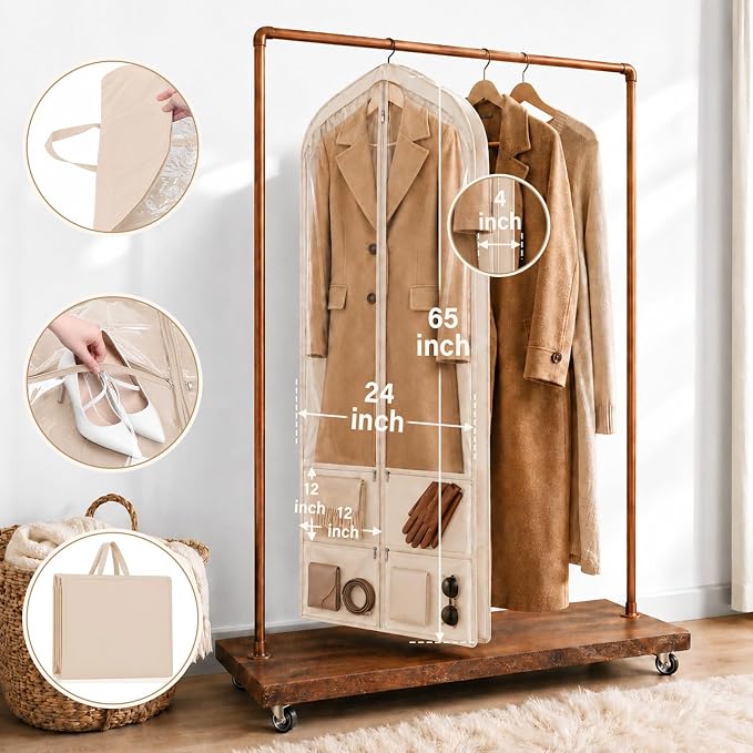Tranqun 2 Pack 65" Long Wedding Garment Bags for Gowns 4" Gusseted Clear Dress Travel Bag for Hanging Clothes Foldable Wedding Dress Cover with 4 Zipper Pockets for Closet Storage and Travel (Khaki)