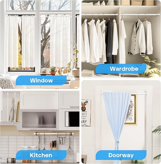 Spring Tension Curtain Rods 17-28 Inch White 2 Pack | No-drill & tool-free setup. Fits windows, kitchens, doorways. Rust-resistant, great for light curtains.