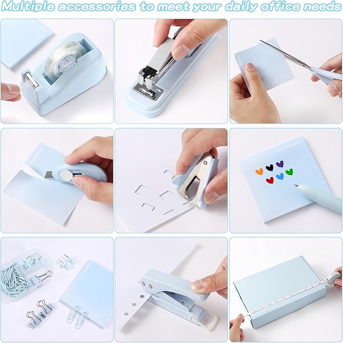 Blue Desk Accessory Kit Cute Office Supplies Set Desktop Stapler Set Includes Staple Remover Hole Punch Tape Dispenser Ballpoint Pen Scissor Mini Box Cutter Tape Measure Paper Clips Sticky Notes