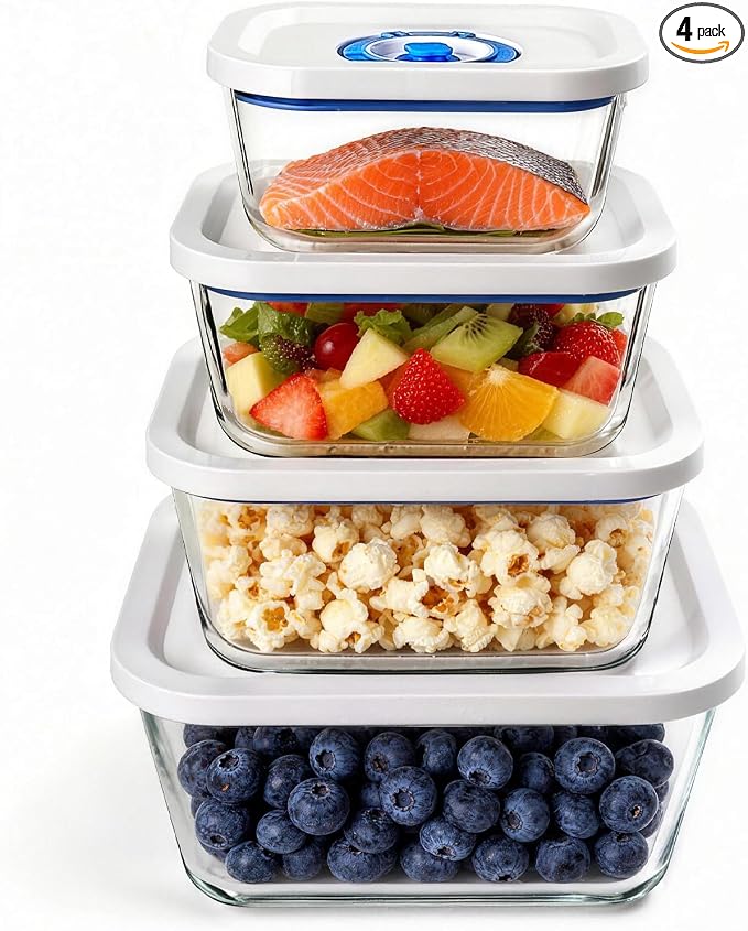 Vacuum Seal Borosilicate Glass Containers for Food Storage, 4 Sizes (S M L XL) Compatible with Desktop and Handheld Vacuum Sealer Machines, Airtight Lid Set