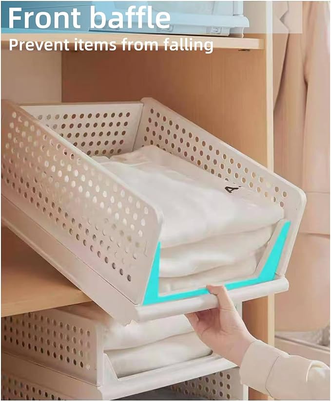 Multi-Functional Stackable Plastic Storage Baskets - 4 Pack Foldable Closet Organizers for Wardrobe, Kitchen, Bathroom, Office, Dorm - Easy Assembly