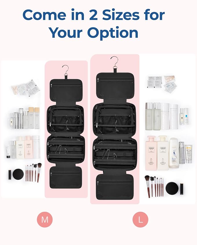 BAGSMART Travel Toiletry Bag with Jewelry Organizer, Hanging Travel Bag for Toiletries, Puffy Makeup Cosmetic Bag Organizer, Carry-on Travel Accessories Essentials, Black-L
