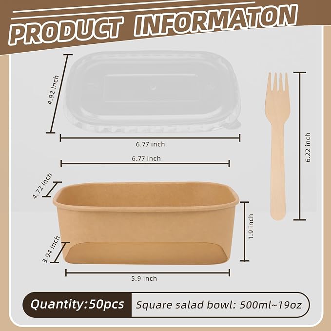 50 Pack 19 oz Paper Food Containers with Lids, Meal Prep Containers Disposable Large Paper Bowls, Microwavable and Freezer Storage Use Cardboard Food Containers