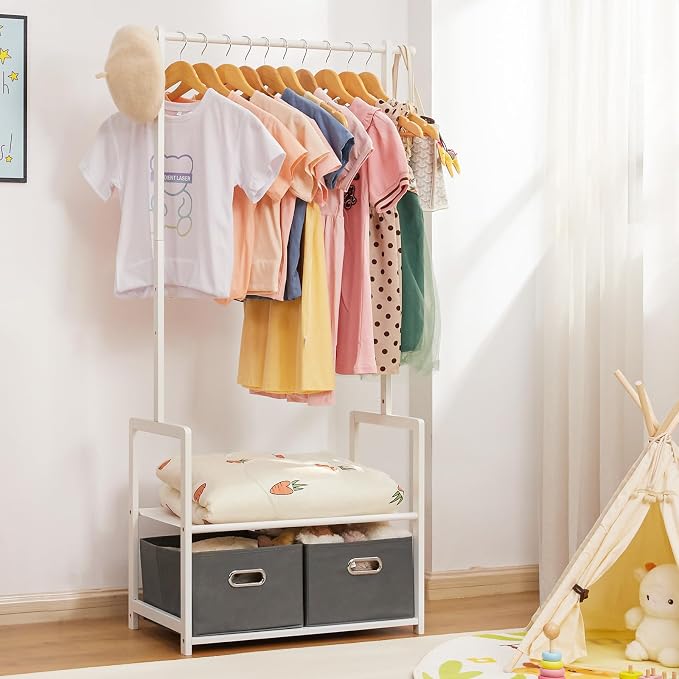 Bamboo Kids Clothing Rack: Holds Up To 121 Lbs of Dress-Up Clothes | 2 Adjustable Hanging Rods & 2 Storage Baskets With Shelf. Child Garment Holder for Playroom & Toddler Bedroom (White)