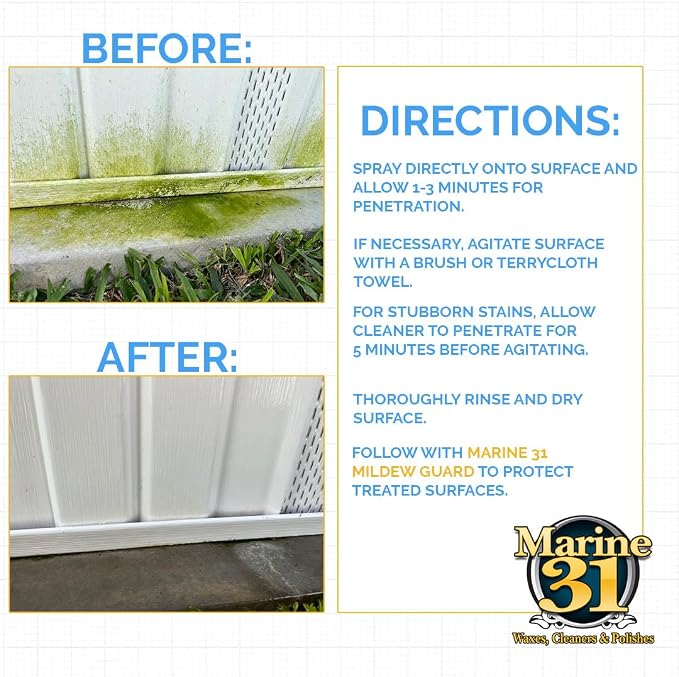 Marine 31 Mildew Stain Remover & Cleaner | Eliminates Stains from Marine, Boat, Home & Patio Surfaces | Cleans Bathrooms, Showers & More | M31-371 | 32oz
