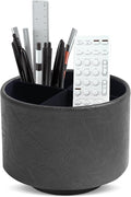 Round Leather Art Supply Organizer,Remote Control Holder,360 Degree Spinning,Multi-Functional Pencil Holder,4 Compartments Desktop Stationary Organizer(1-Crazy Black)