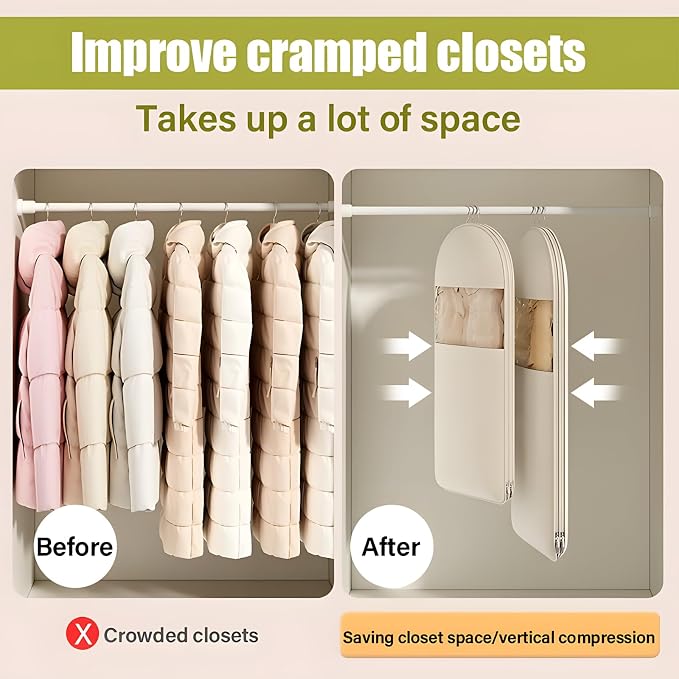 Hanging Garment Bag with Self Compression Zipper, Translucent Suit Bags Dust Cover Clothes Bags for down Coat, Jackets, Shirts and Sweater (Beige, Large)