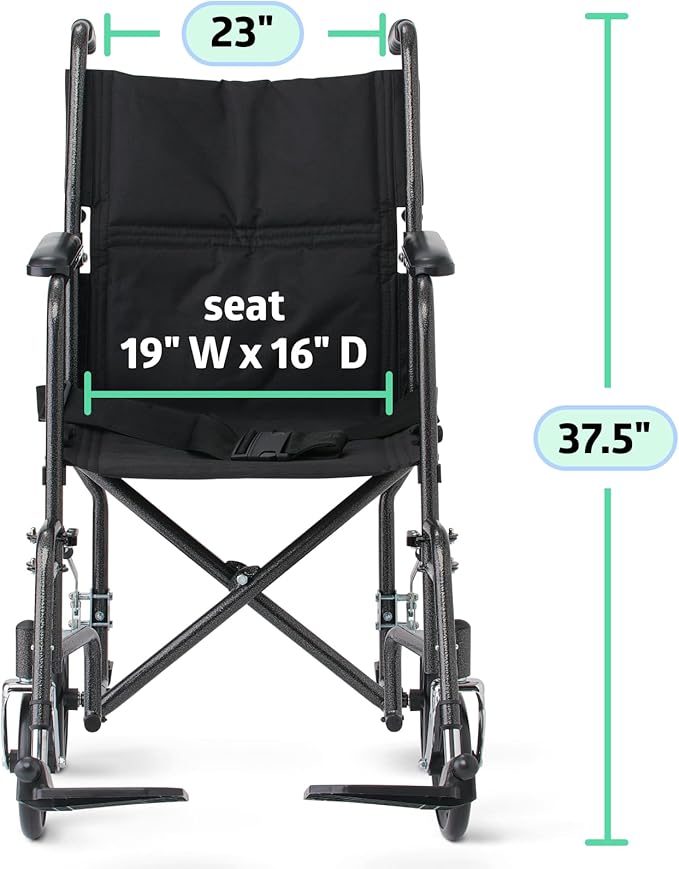 Medline Durable Folding Steel Transport Wheelchair with Swing-Away Footrests, 19-Inch Seat Width, Black Frame, Black Upholstery