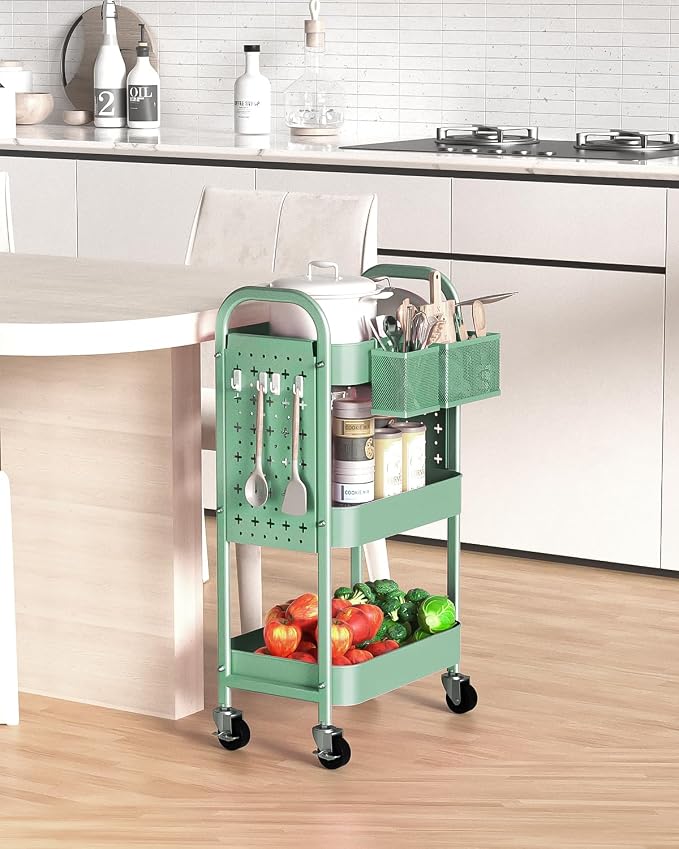 ALVOROG 3 Tier Metal Rolling Utility Cart with Pegboards,Baskets,Hook,Green | More Storage Craft Cart with Pegboards,Lockable Wheels,Hooks & Baskets to Organize Kitchen,Office,Bedroom and DIY Supplies