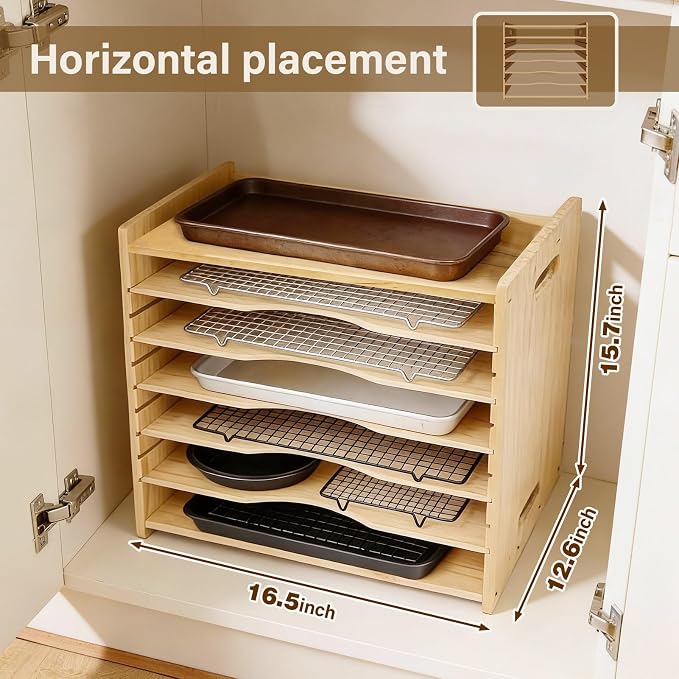 6 Tier Wooden Tray Dividers for Cabinets, Cookie Sheet Organizer 15.7" W x 16.5" H x 12.6" D Baking Sheets, Pans and Cutting Boards Organizer for Kitchen Cabinets or Countertop