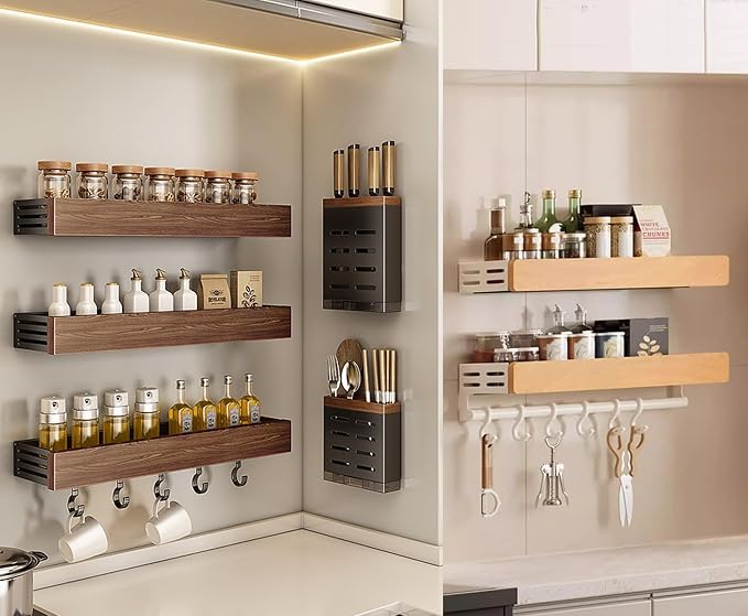 spice rack wood kitchen spice rack wall mounted adjustable adhesive or screw, hung on the door and wall, black large rack for storing items in refrigerators and ovens