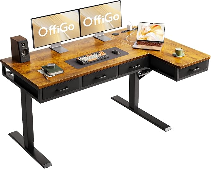 OffiGo 55 Inch L Shaped Electric Standing Desk with 4 Drawers, Rustic Brown | Reversible Corner Table, Office Desk With 4 Drawers and Outlets For Home Office, Computer Workstation And Sit Stand Use