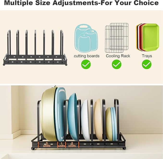 TEAMOLA Metal Cutting Board Organizer - Adjustable Bakeware Rack 1-Pack | Black Metal Kitchen Rack Organizer, Adjustable Holder Fits Pans Lids Sheets, Cabinet Counter Under Sink Caddy with 7 Slots