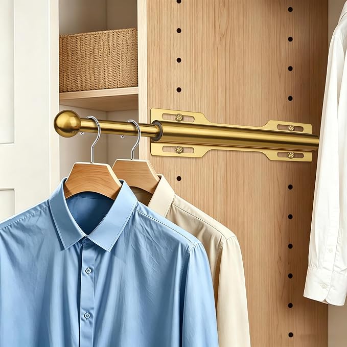 Valet Rod for Closet Pull Out, 12" Adjustable extending closet rod, Standard Retractable closet rod organization rack, Valet Clothing Hanger Rods Extender for Wardrobe Laundry Bathroom (Brushed Gold)