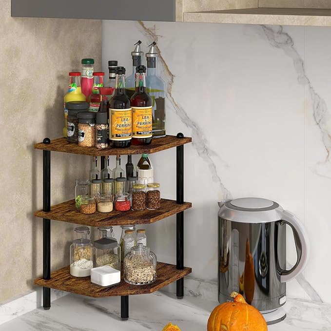 Corner Shelf Stand for Desk - 90° Corner Design to Free Up Desktop | Easy to Assemble 3-Tier Vertical Storage 15 lb Per Shelf 6.7 in Clearance for Books Coffee Mugs Supplies on Office Desks