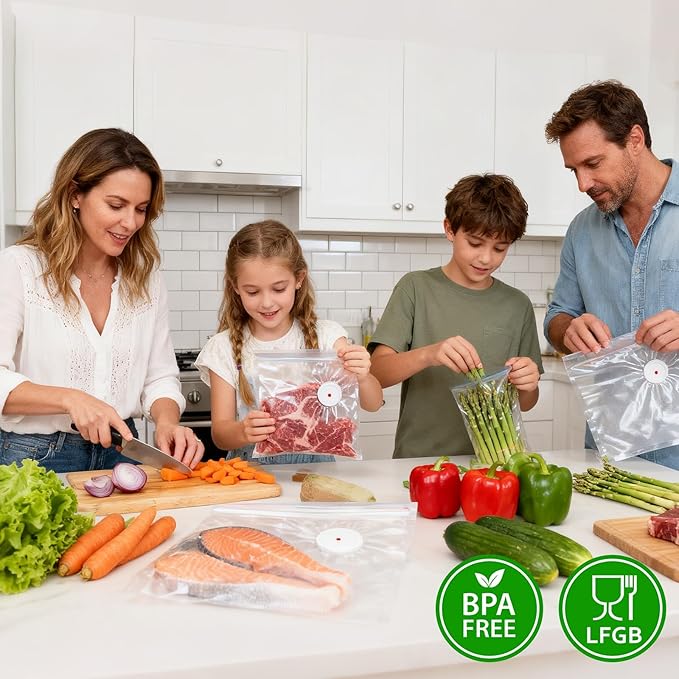 Reusable Vacuum Sealer Bags (42 Bags + 7 Clips), BPA-Free Vacuum Zipper Bags in 3 Sizes (8.7"x8.3", 10.2"x11", 11.8"x13.4") for Food Storage, Freezer & Sous Vide, Compatible with Food Saver