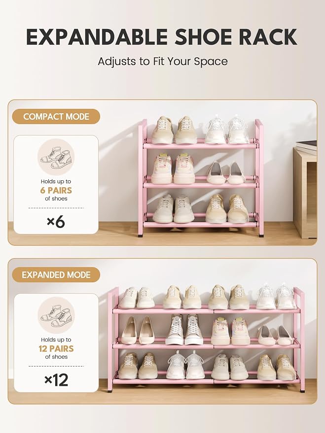 Bumusty 3-Tier Expandable Shoe Rack for Closet, 18“-33” Adjustable Shoe Rack for Small Space, Small Shoe Organizer for Front Door, Sturdy Metal, Pink